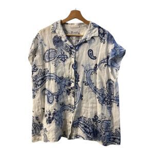Milio Milano Linen Oversized Shortsleeve Blouse In Blue & White Size Small